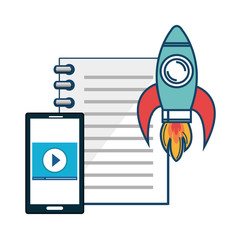 Notebook, smartphone and skyrocket over white background. Vector illustration