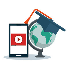 Smartphone playing a video, globe and graduation cap over white background. Vector illustration.