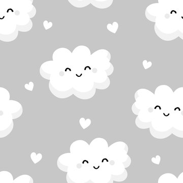 Seamless pattern with cute clouds and hearts on gray background. Ornament for children's textiles and wrapping. Flat style. Vector.