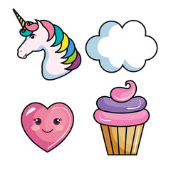 Unicorn, cloud, heart and cupcake over white background. Vector illustration.