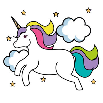 Cute unicorn with stars and clouds over white background. Vector illustration.