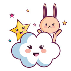 Kawaii bunny with cloud and star over white background. Vector illustration.