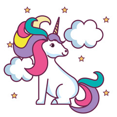 Cute unicorn with stars and clouds over white background. Vector illustration.