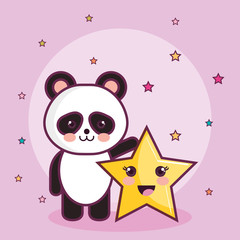 Kawaii panda bear and star over pink background. Vector illustration.