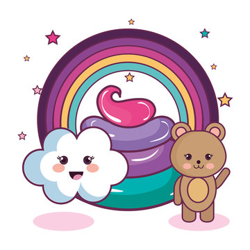 Kawaii bear and cloud with rainbow and colorful whipped cream over  white background. Vector illustration.