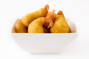 Deep fried shrimps in a bowl isolated on white background

