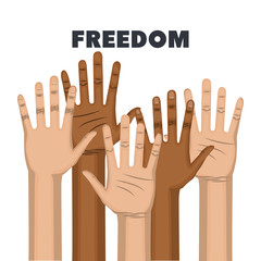 Fototapeta premium Afro american and caucasian people raised hands and say no to racism freedom sign over white background. Vector illustration.