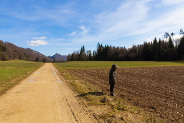 Children in nature, agricultural landscape, fields in autumn