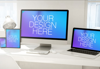 4 Devices on White Table Mockup 2