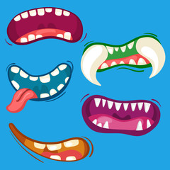 Cartoon cute monster mouths set with different emotional expressions. Teeth, tongue, mouth collection. Halloween vector illustration