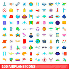 100 airplane icons set, cartoon style