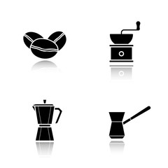 Coffee brewing equipment. Drop shadow black icons set