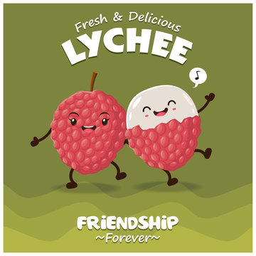 Vintage fruit poster design with vector lychee character.