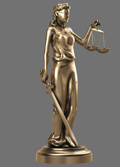 golden Themis goddess of justice with isolated gray background, 3d rendering