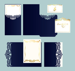 Set of wedding invitation with gold ornament.