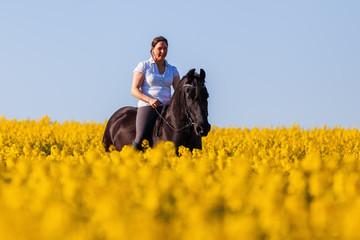woman riding a Friesian horse