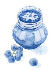 Blueberries and jar filled by blueberry jam over white background