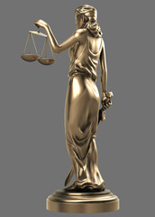 golden Themis goddess of justice with isolated gray background, 3d rendering