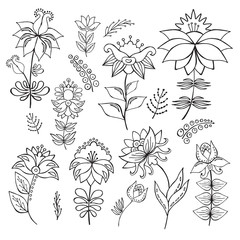  hand drawn abstract botanical vector illustration with flowers and  leaves. Isolated on black background.