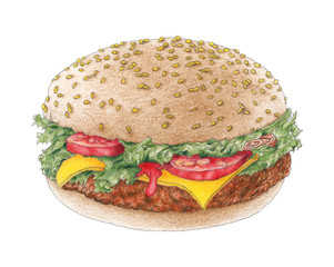 Hamburger on a bun over white background