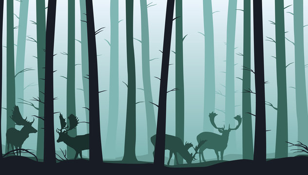 Forest landscape with silhouettes of trees and fallow deers - vector illustration