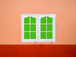 white window frame on a orange wall,green screen with clipping path