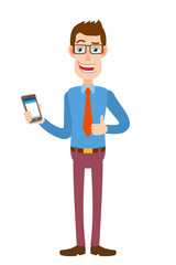 Businessman holding mobile phone and showing thumb up
