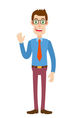 Businessman raised a hand in greeting