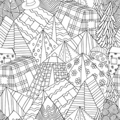 Seamless Pattern for coloring book with tents, mountains, parking of tourists. Camping illustration, Outdoor recreation, Hiking,