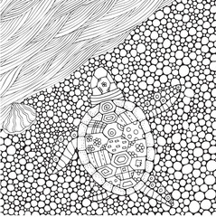 Coloring book page for adult and children. Turtle crawls to the water, sea waves in zentangle style.