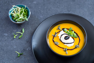 Pumpkin Soup Puree with Spices and Goat Cheese, Horizontal View
