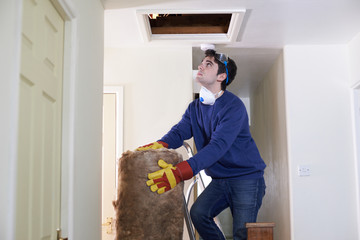 Man Climbing Into Loft To  Insulate House Roof