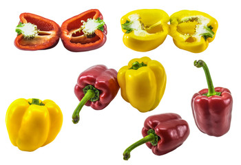 Group of red and yellow bell pepper and cut in half isolated on white background with Clipping path
