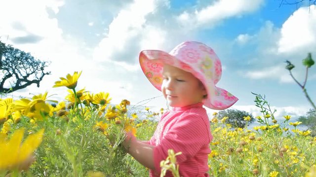 Small child playing in a meadow full of flowers. Near Mar Menor lagoon. Spain.  Clip 3.