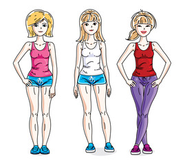 Happy pretty young women standing wearing stylish sport clothes. Vector diversity people illustrations set.