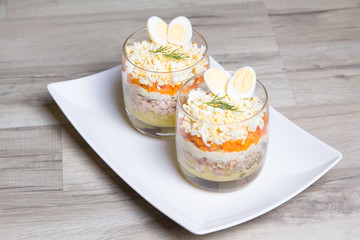 Traditional Russian salad Mimosa