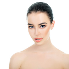 Fototapeta premium Beautiful Young Woman Over White Background. Beauty Female Portrait. Antiaging, Skincare, Beauty Treatment. Healthcare Concept.