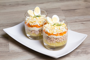 Traditional Russian salad Mimosa