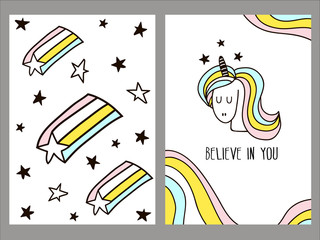 Set of two cute cards with unicorn,stras and rainbow. Hand drawn vector illustration