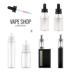 Set of realistic vape package bottles and e-cigarette. Collection of equipment template.  Vector isolated mockup on white - 152414415