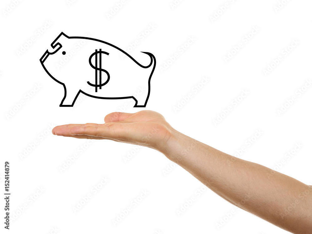 Wall mural woman holding drawing of piggy bank on white background