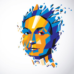 Vector dimensional low poly female portrait, graphic illustration of human head broken into fragments. 3d demolished object created with fractures and different particles.