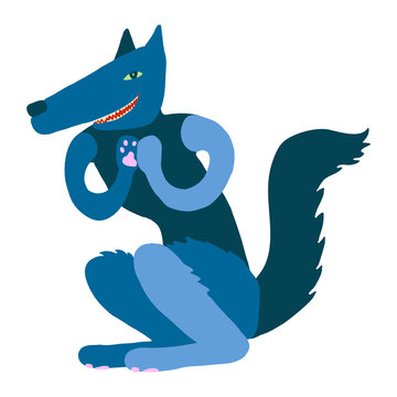 Colourful flat vector illustration of cute, playful, mischievous dark blue wolf sitting, grinning and rubbing his paws. Character concept, kids illustration. Evil, bad, negative character.