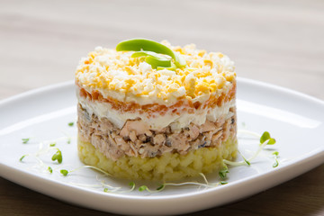 Traditional Russian salad Mimosa