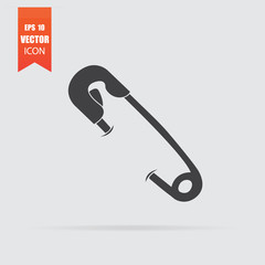 Safety pin icon in flat style isolated on grey background.
