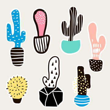 Cactus creative set . Clip art with hand drawn modern cactusin pots.Ready design for stickers, prints. Vector Illustration