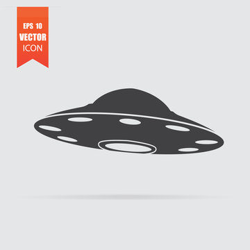 UFO icon in flat style isolated on grey background.