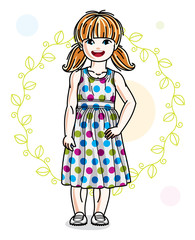 Happy little redhead girl posing on spring background with green leaves and wearing fashionable casual clothes. Vector character.