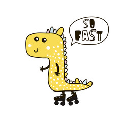 Cute Dinosaur doodle childish illustration. Creative Dino with rollers perfect for kids apparel,nursery decor,poster,prints.Vector illustration