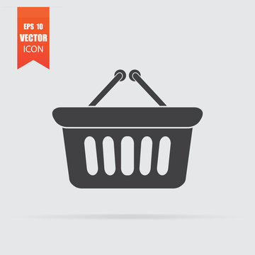 Shopping basket icon in flat style isolated on grey background.